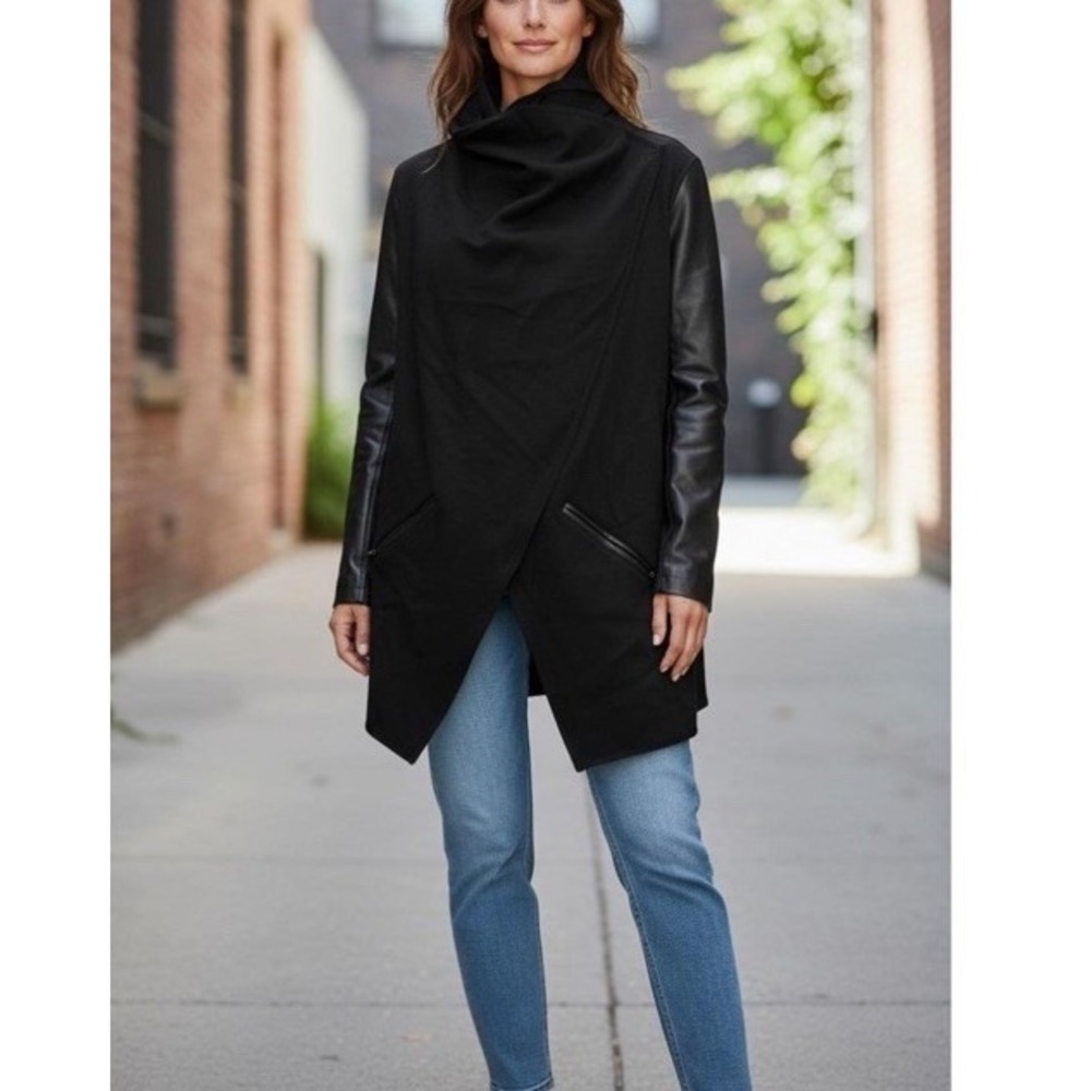 SPANX Drape Front Asymmetrical Jacket Very Black Ponte Faux Leather- Size Small